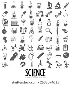 Wissenschaft Verwandte Doodle Vektorsymbol-Set. Zeichnung Skizze Illustration handgezeichnete Linie.