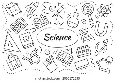 Science related elements and objects set. Linear vector illustration.