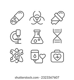 Science related pixel perfect linear icons set. Medicine and biology. Healthcare research. Medical tests. Customizable thin line symbols. Isolated vector outline illustrations. Editable stroke