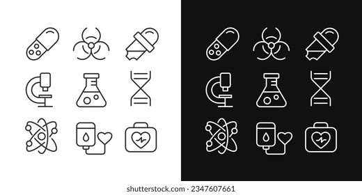 Science related pixel perfect linear icons set for dark, light mode. Medicine and biology. Healthcare. Medical tests. Thin line symbols for night, day theme. Isolated illustrations. Editable stroke