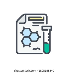 Science report document with formula structure and test tube color line icon. File with molecule formula and laboratory glassware vector outline colorful sign.
