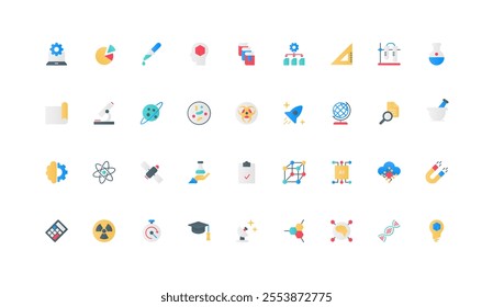 Science research with AI, scientific lab experiment, knowledge of molecular structure color icon set. Physics and biology, chemistry and space, scientist publications flat elements vector illustration