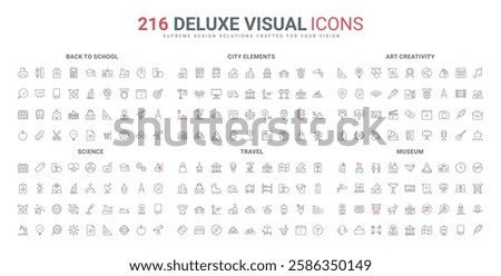 Science research, artist tools and creative ideas, museum showroom line icon set. Location and direction of city elements, back to school thin black and red outline symbols vector illustration