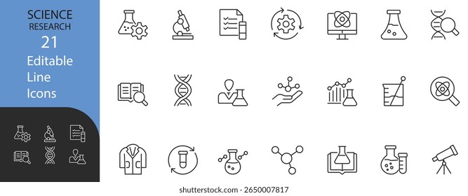 O melhor conjunto de ícones de linha editável da pesquisa científica com equipamento de laboratório, DNA, microscópio, experiência, molécula e símbolos de química para visuais científicos modernos.