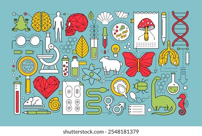 Ciencia de investigación en biología, química y medicina. Anuncio de laboratorio científico con iconos geométricos de la biotecnología, célula orgánica, molécula de ADN, animales, cerebro y corazón, Ilustración vectorial