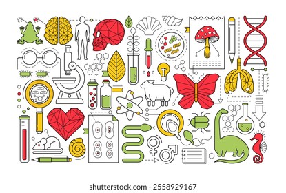 Science research in biology, chemistry and medicine. Banner of scientific laboratory with geometric icons of bio technology, organic cell, dna molekule, animals, brain and heart, vector illustration