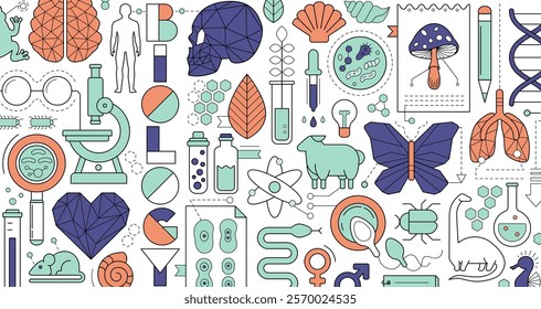 Science research in biology, chemistry and medicine. Banner of scientific laboratory with geometric icons of bio technology, organic cell, dna molekule, animals, brain and heart, vector illustration