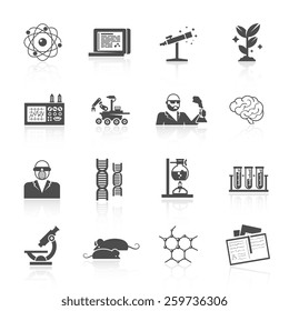 Science and research black icon set with microscope lab flask and dna isolated vector illustration