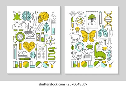 Science research cards - biology, chemistry and medicine. Banner of scientific laboratory with geometric icons of bio technology, organic cell, dna molecule, animals, brain and heart, vector illustrat