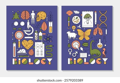 Science research cards - biology, chemistry and medicine. Banner of scientific laboratory with geometric icons of bio technology, organic cell, dna molecule, animals, brain and heart, vector illustrat