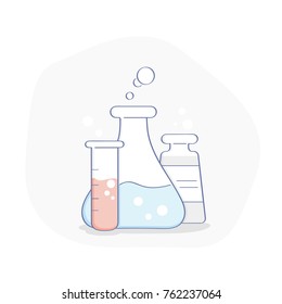 Science, research, chemistry, analysis, laboratory and science equipment concept. Different flasks, test-tubes for experiments. Flat outline vector illustration icon concept.
