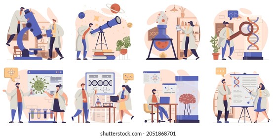 Science research collection of scenes isolated. People conduct tests, study molecules, create drugs, set in flat design. Vector illustration for blogging, website, mobile app, promotional materials.