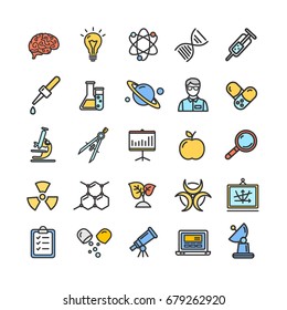 Science Research Color Flat Thin Line Icon Set Like Microscope, Magnifier, Light Bulb Idea. Vector Elements for Mobile UI Concepts and Web Apps Scientific Sign.