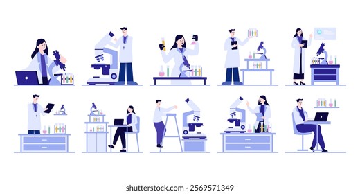 Science Research concept flat illustration set. Includes of Scientists conducting experiments, and Collecting field data. Vector illustration isolated transparent background