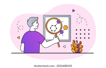 Science research concept. Man with magnifying glass in his hands studies molecules and atoms. Research in chemical laboratory. Cartoon doodle flat vector illustration isolated on white background