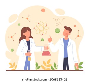 Science research concept. Young Man and woman with flasks make discoveries in field of chemistry. Employees of chemical laboratory conduct experiments. Cartoon modern flat vector illustration