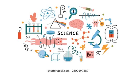 Science research concepts.  Round composition on the theme of physics, biology and chemistry. Education and study concept. Trendy modern vector illustration isolated on white, hand drawn, flat