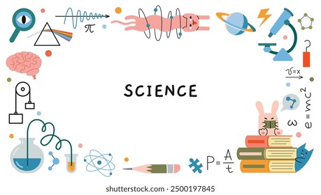 Ciencia de conceptos de investigación.  Marco redondo sobre el tema de física, biología y química. Educación y concepto de estudio. Ilustración vectorial moderna de moda aislada en blanco, dibujado a mano, plana