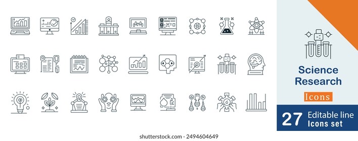 Wissenschaft Forschung Editierbarer Strich-Icon-Set. Enthält wissenschaftliche Disziplinen, Forschungskonzepte, systematisch, Interpretation, Auswertungsdaten, Hirnsymbol.