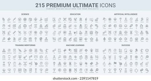 Science research and education, AI and machine learning thin black line icons set vector illustration. Outline symbols of digital technology, success of training and mentoring, robot equipment