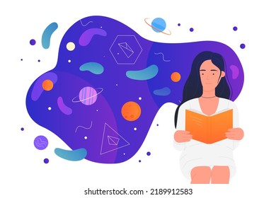 Science Research And Education. Cartoon Woman Reading Open Book With Scientific Publication Or Articles, Symbols Of Knowledge Flying Over Girl Flat Vector Illustration. Literature, Study Concept