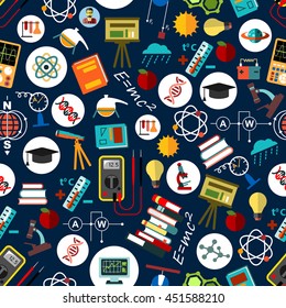 Science Research And Education Seamless Pattern Of Microscopes And Telescopes, Books And Computers, Laboratory Flasks, Equipment, Formulas, Electric Circuits, Physics, Chemistry And Astronomy Models