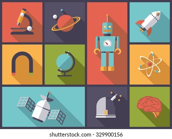 Science, research and engineering vector illustration. Horizontal flat design illustration with science, engineering, research and technology icons