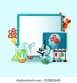 Science research and experiment concept with white board and laboratory equipment vector illustration