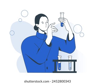 Science research. Female chemist or microbiologist holds flasks and conducts scientific experiment in laboratory. Vaccine development. Cartoon outline vector illustration isolated on white background