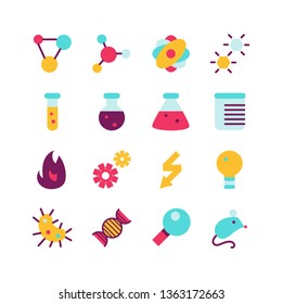 Science research flat icon set. Scientific study vector cartoon symbol pack. Lab test, experiment