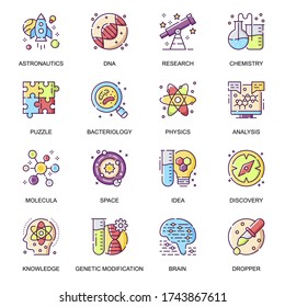 Science research flat icons set. Astronautics, chemistry, bacteriology, physics, genetic modification, DNA analysis, knowledge line pictograms for mobile app. Scientific industry vector icon pack.