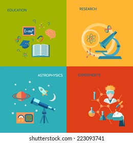 Science and research flat icons set with education research astrophysics experiments isolated vector illustration