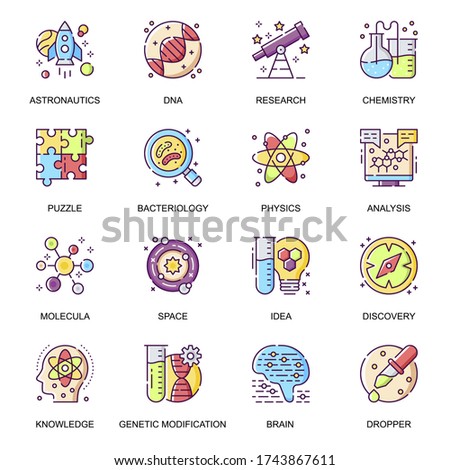Science research flat icons set. Astronautics, chemistry, bacteriology, physics, genetic modification, DNA analysis, knowledge line pictograms for mobile app. Scientific industry vector icon pack.
