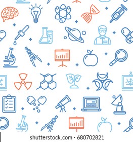Science Research Flat Pattern With Thin Line Icons. Vector Background Scientific Sign On White