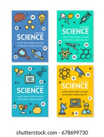 Science Research Flyer Banner Posters Card Set Template witch Color Outline Icons. Vector illustration