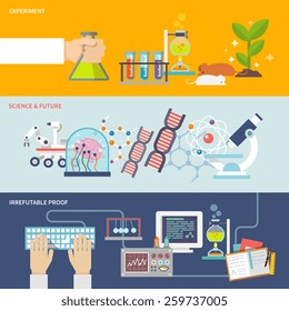 Science and research horizontal banner set with experiment irrefutable proof and future flat elements isolated vector illustration