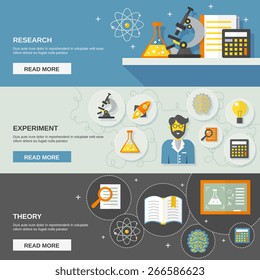 Science and research horizontal banner set with theory and experiment flat elements isolated vector illustration