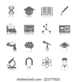 Science and research icon black set with dna graduation hat book isolated vector illustration