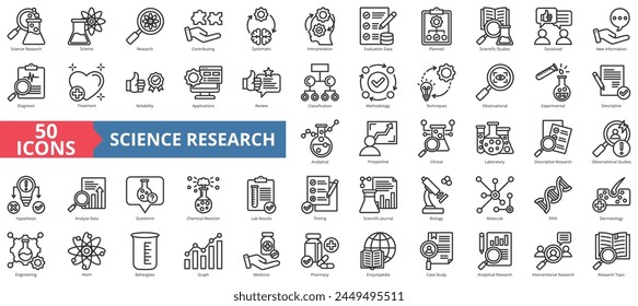 Science research icon collection set. Containing contributing, systematic, interpretation, evaluation data, planned, scientific studies, socialized icon. Simple line vector.