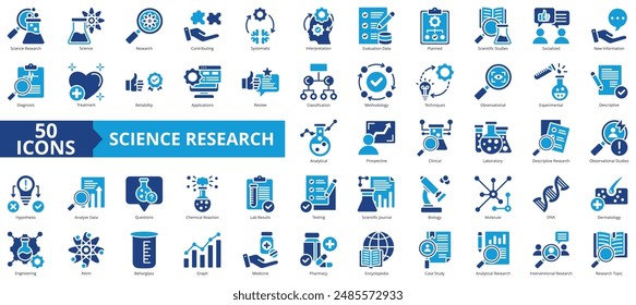 Science research icon collection set. Containing contributing, systematic, interpretation, evaluation data, planned, scientific studies, socialized icon. Simple flat vector.