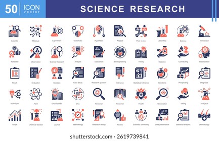 Science Research icon collection set. Containing contributing, systematic, interpretation, evaluation data, planned, scientific studies, socialized icon. Simple vector illustration.
