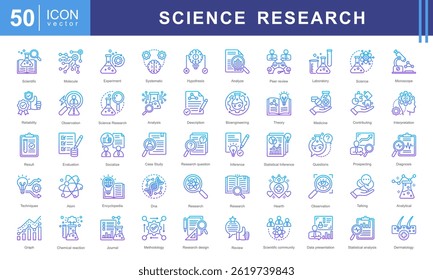 Science Research icon collection set. Containing contributing, systematic, interpretation, evaluation data, planned, scientific studies, socialized icon. Simple vector illustration.
