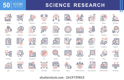Science Research icon collection set. Containing contributing, systematic, interpretation, evaluation data, planned, scientific studies, socialized icon. Simple vector illustration.