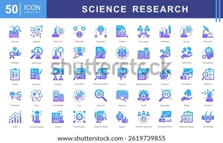 Science Research icon collection set. Containing contributing, systematic, interpretation, evaluation data, planned, scientific studies, socialized icon. Simple vector illustration.