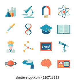 Science and research icon flat set with microscope tube atom isolated vector illustration