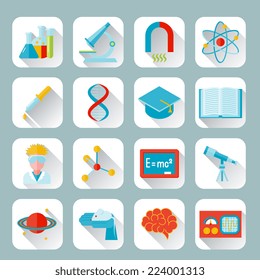 Science and research icon flat set with flask microscope magnet atom isolated vector illustration