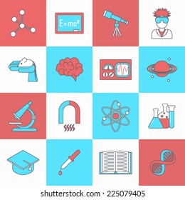 Science and research icon flat set with dna graduation hat book isolated vector illustration