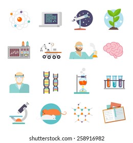 Science and research icon flat set with scientist lab and equipment symbols isolated vector illustration