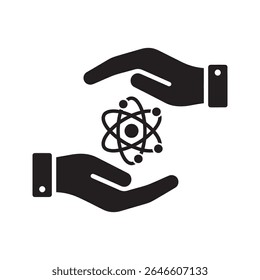 Ícone de pesquisa científica com as mãos segurando um símbolo de átomo representando a física química e inovação na tecnologia de energia nuclear vetor ícone de glifo sólido