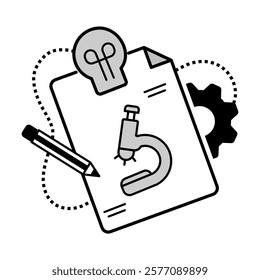 Science Research Icon – Microscope with Document, Gear, and Pencil Representing Scientific Study Planning